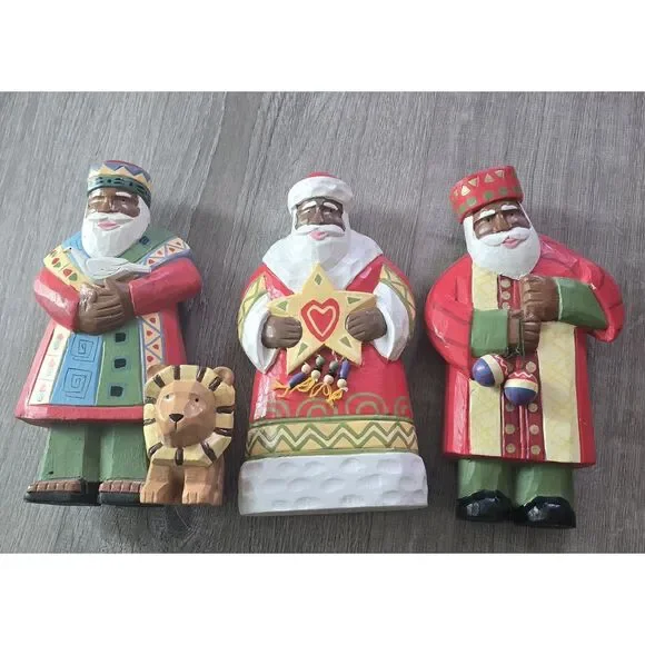 3 Vintage Painted Folk Art Christmas African / Brown Santa Figures Decor 10" - Picture 2 of 16